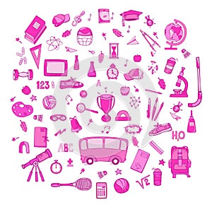School supplies icons set in doll cute pink colors. Vector hand drawings on a white background.