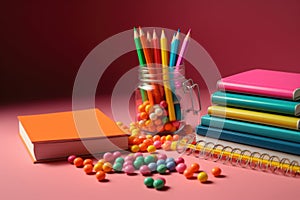 School supplies isolated on colorful background. colorful pencils and paints, back to school