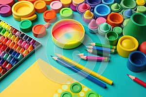 School supplies isolated on colorful background. colorful pencils and paints, back to school