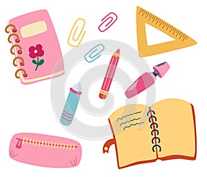 School supplies and items. Office supplies: notepad, book, pencil, case, pencil, paper, clips, ruler, marker, chalk. Accessories