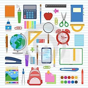 School supplies and items set on a sheet in a line. Back to school equipment.