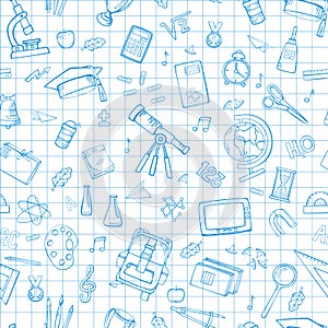 School supplies. Linear cartoon drawings on a squared sheet from a school notebook. Seamless vector pattern.