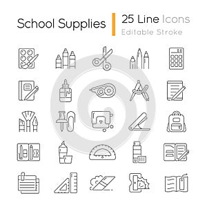 School supplies linear icons set