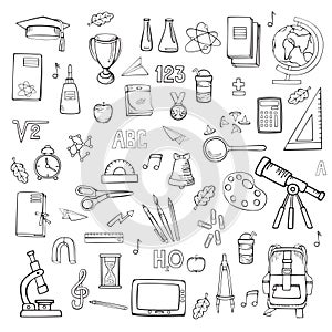School supplies linear vector icons set. Hand drawings isolated on white background.