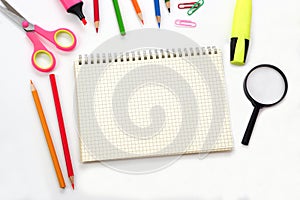 School supplies or office supplies and graph book. Learning, study, office equipment and presentation concept.