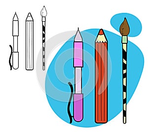 School supplies. Pencil, pen, brush. Set of images. Vector illustration isolated on white background