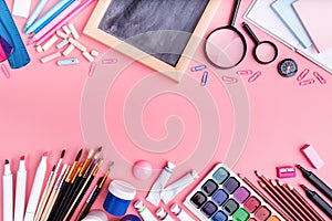 School supplies on pink background top view flat lay