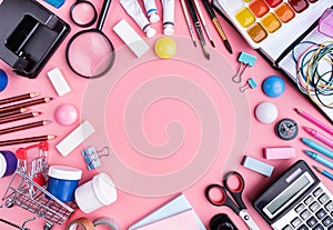 School supplies on pink background top view flat lay