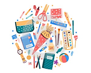 School supplies in round shape or banner.Vector illustration in flat style