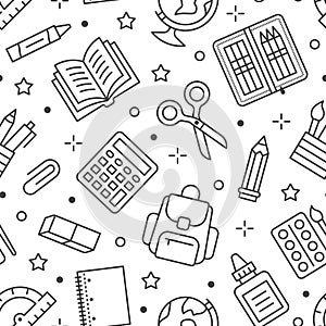 School supplies seamless pattern with line icons. Study tools background - globe, calculator, book, pencil, scissors