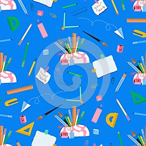 School supplies seamless pattern vector illustration isolated