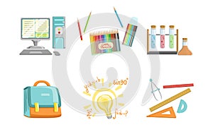 School Supplies Set, Computer, Crayons, Test Tubes, Ruler, Compass Tool, Triangle, Protractor, Briefcase, Back to School