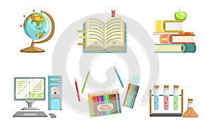School Supplies Set, Globe, Copybook, Books, Apple, Computer, Pencil, Test Tubes Vector Illustration