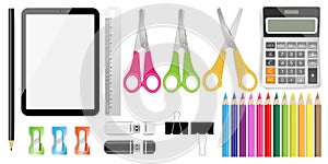 School supplies set with tablet, calculator, pencil, color pencils, ruler, scissors, USB flash drive, sharpeners and black paper