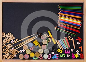 School supplies side border on a chalkboard