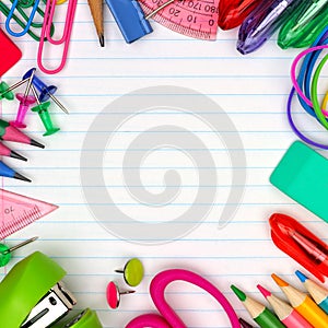 School supplies square frame on lined paper background