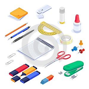 School supplies, stationery isometric vector set. Yellow sticky note pad, protractor, whiteout, pens.