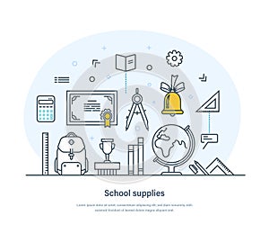 School supplies and stationery tools education web banner