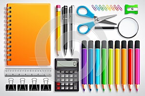 School supplies vector set with color pencils notebook, pens and office supplies