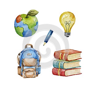 School supplies watercolor vector elements set isolated. Backpack, books, globe, pencil, lightbulb, apple.