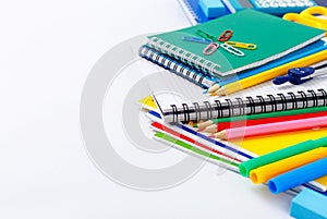 School supplies on white background with copy space