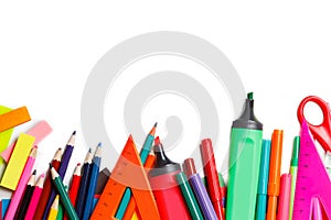 School supplies on white background ready for your design