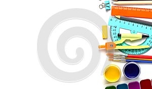 School supplies on white, pencils, pens and rulers. Back to school or education theme concept. Top view, flat lay, copy space,