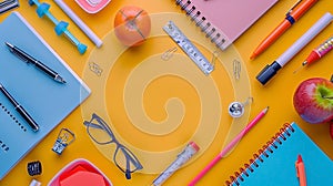 School supplies on a yellow-blue bright background. Back to school sale background. The top view photo