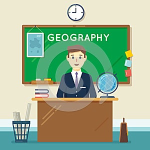 School teacher in classroom. Geography lesson