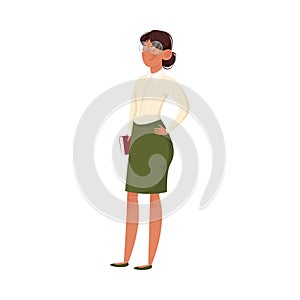 A school teacher in green skirt holds a book. Vector illustration isolated on white background