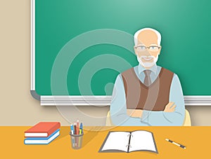 School teacher man at the desk flat education illustration