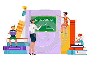 School teacher at math class, vector illustration, flat tiny girl boy character study education in class, pupils sit at