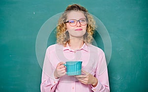 School teacher need coffee break. idea and inspiration. good morning. girl refreshing with tea drink. energy and vigor
