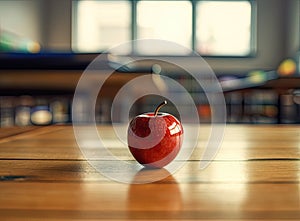 A school teacher's desk with stack of exercise books and apple . A blank blackboard in soft focus background