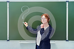 School teacher stands at the blackboard with a chalk drawn question mark. The female teacher stands with a thoughtful face