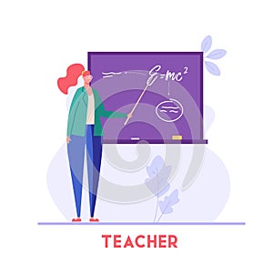 School teacher stands at blackboard and gives lecture. Physics lesson. Concept of school teacher, academic lecturer, speaker,