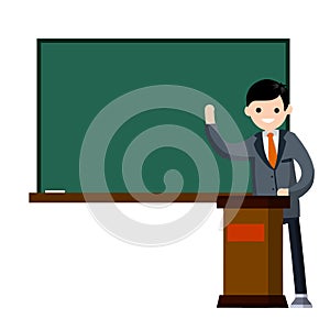 School teacher stands near blackboard. Lecturer in College in classroom
