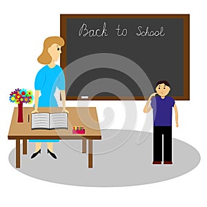 A school teacher and student at the blackboard write the text.