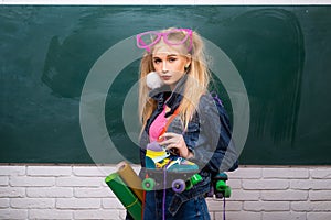 School teen. Fashion hipster girl with girl in fashion accessories. Minimal design fashion Sweet colors. Adorable