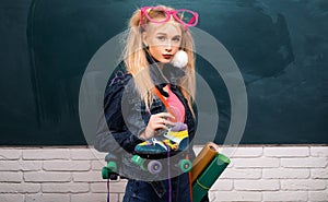 School teen. Fashion hipster girl with girl in fashion accessories. Minimal design fashion Sweet colors. Adorable