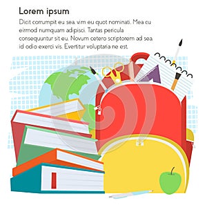 School template with backpack and books with text place.Vector Illustration.