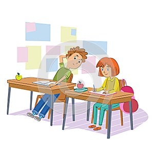 School test cheating flat vector illustration. Schoolmates, classmates in uniform cartoon characters. Kids writing quiz