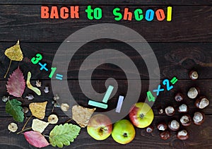 School theme. Autumn leaves, chestnuts and ripe apples on a dark wooden background. On board the place for your object