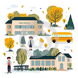 School theme set. Back to school, school building, school kids and other elements. Vector illustration