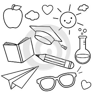 School themed sketch icons. School supplies, science symbols, study theme doodles. Vector black and white coloring page.
