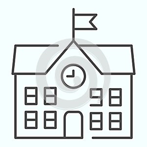 School thin line icon. School building vector illustration isolated on white. Building with clock and flag outline style