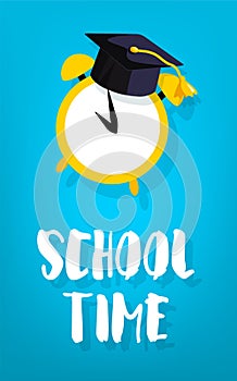 School time card with square academic cap and alarm. Vector banner