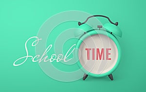 School time promo banner design. Cute 3d alarm clock. 3d realistic table clock with shaddow. Vector illustration