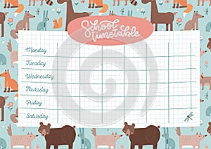School timetable 4a sheet ready for print. Weekly planner for kids with checkered sheet on woodland animals pattern