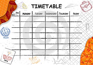 School timetable background with hand drawn elements of school supplies.